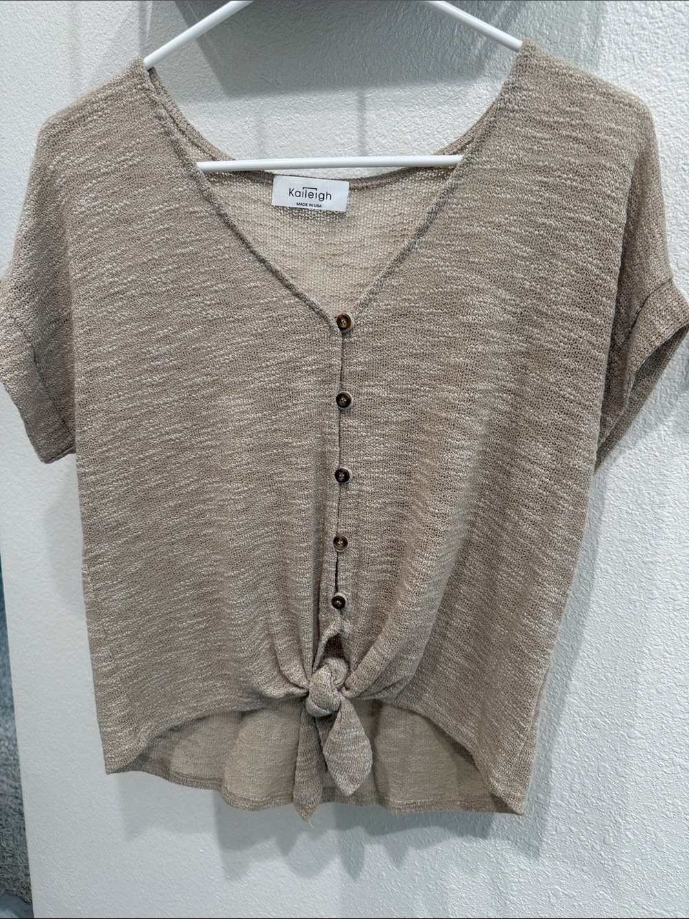 Kaileigh Taupe Short-Sleeve Button Front Tie Hem Top